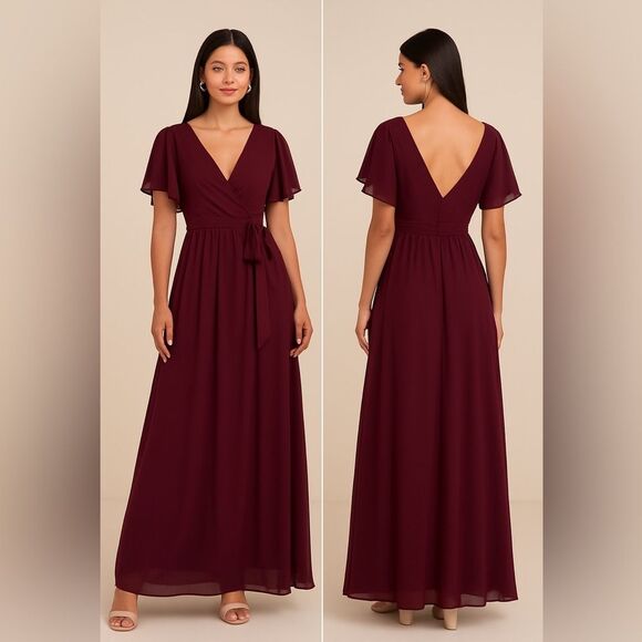 Lulus Convincing Grace Burgundy Flutter Sleeve Wrap Maxi Dress Size Large NEW - Picture 11 of 12